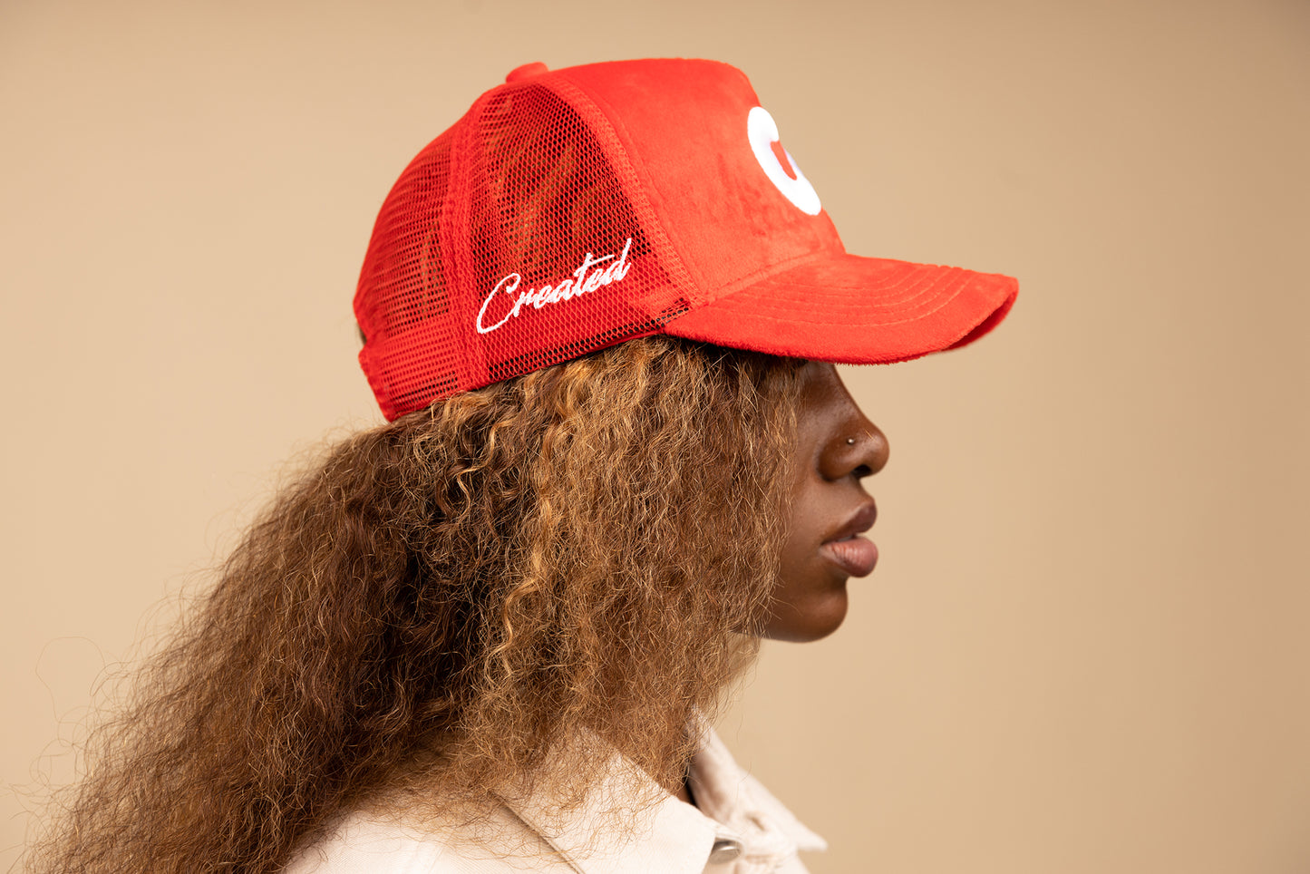 CREATED Red/White Velvet Trucker