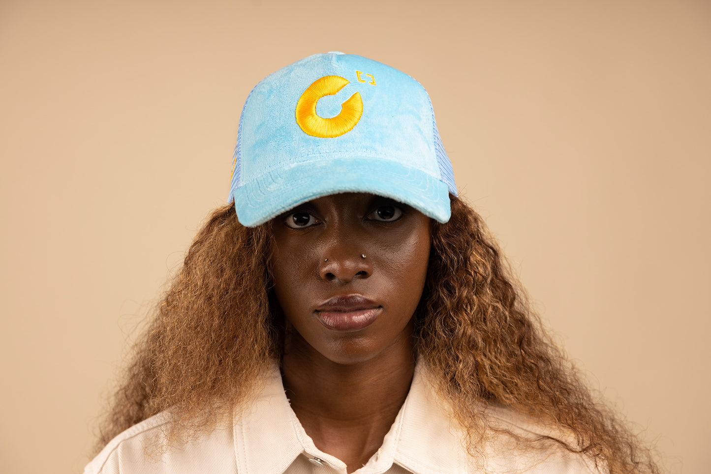 CREATED Blue/Yellow Velvet Trucker