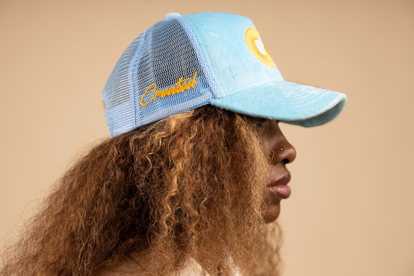 CREATED Blue/Yellow Velvet Trucker